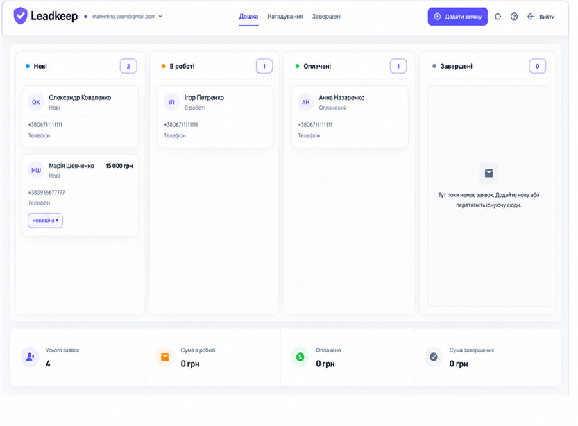 Leadkeep dashboard